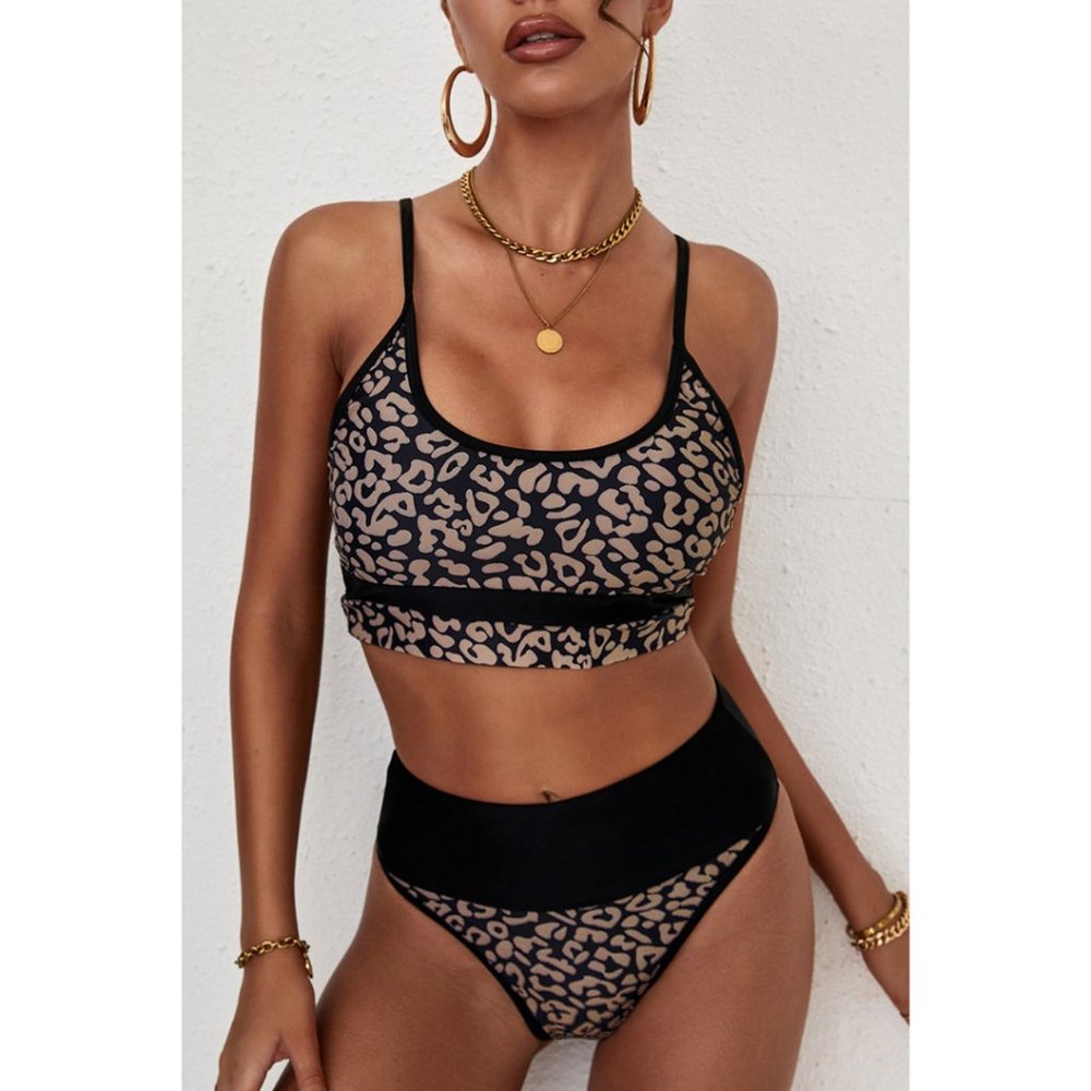 2 piece Black and Beige Leopard Print High Waist Two Piece Bikini